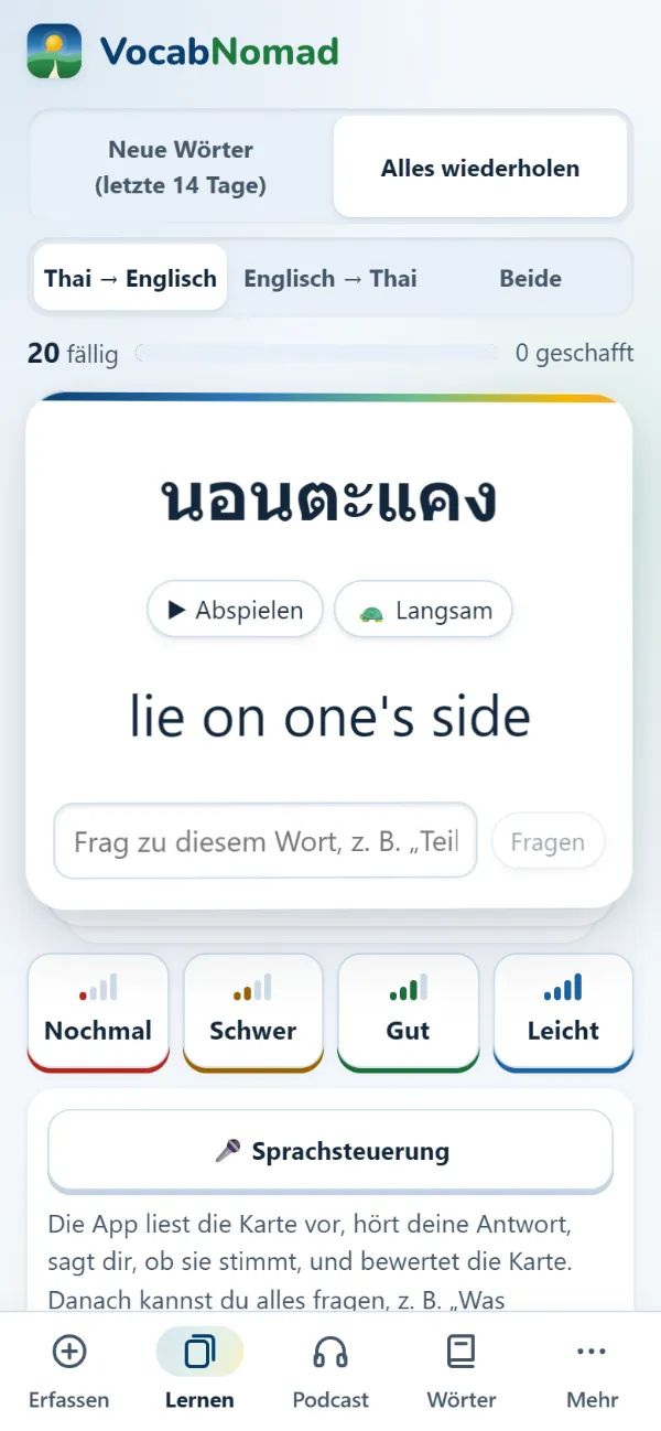 Lernkarte in VocabNomad: Thai-Wort mit Bedeutung, Knöpfe zum Bewerten und Sprachsteuerung