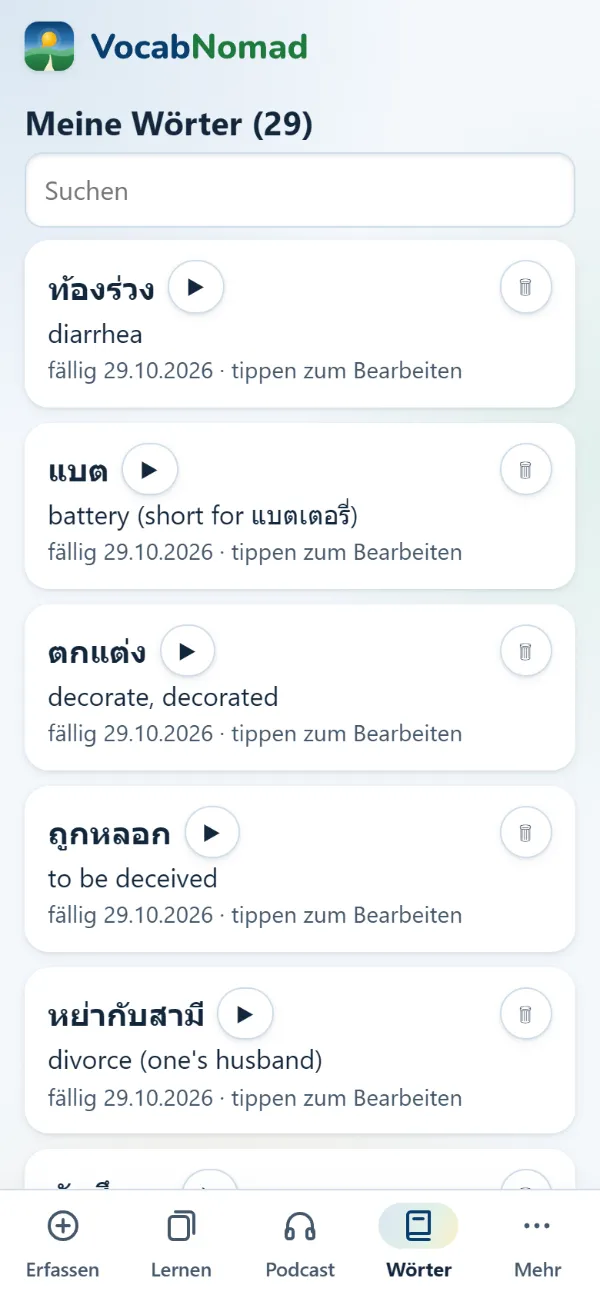 Liste der eigenen Wörter mit Knopf zum Anhören